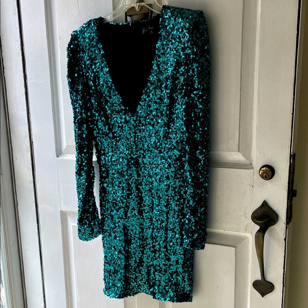 Glamorous Teal Sequin Long Sleeve Dress